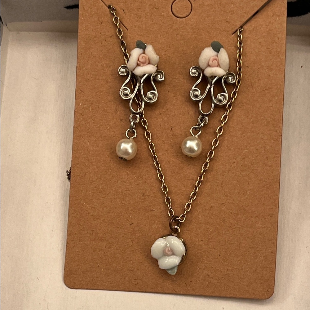 Elegant Floral Jewelry Set with faux pearls